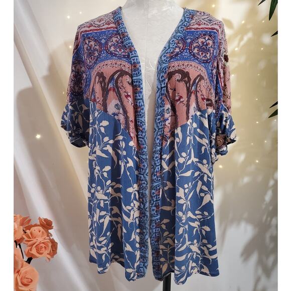 Umgee Boho Mixed Print Oversized Open Kimono Cardigan Top Womens Size S Ruffle - Picture 1 of 10